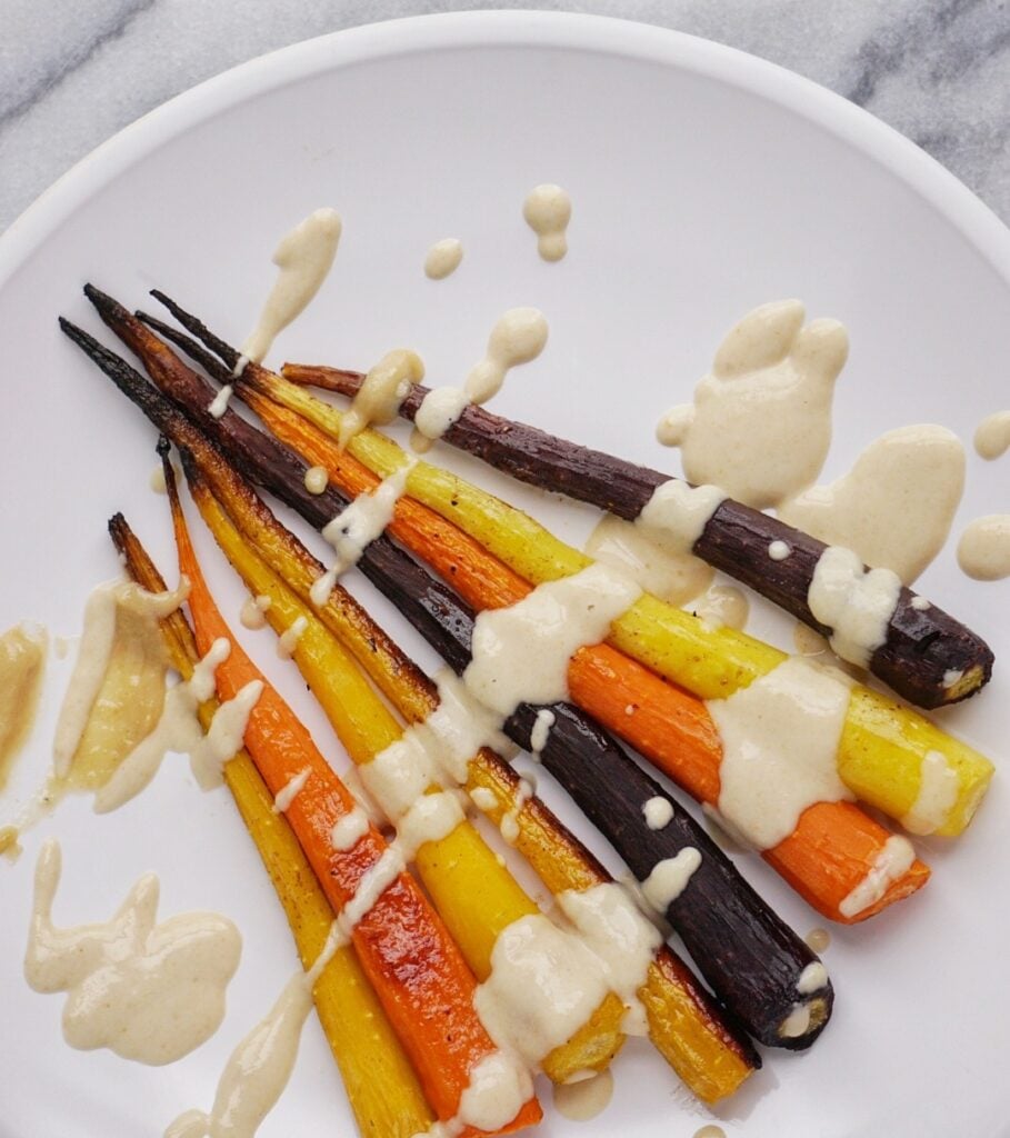 Roasted Rainbow Carrots with a Maple Tahini Sauce by Leah's Plate